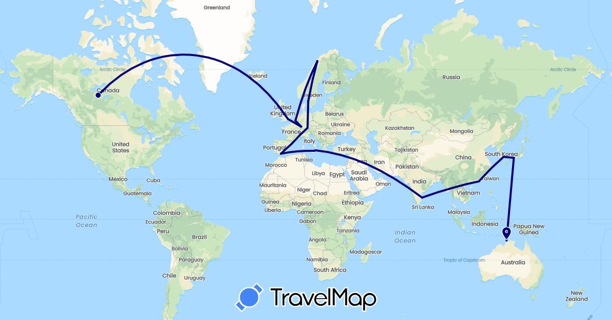 TravelMap itinerary: driving in Australia, Belgium, Canada, Germany, Spain, France, United Kingdom, Hong Kong, India, Italy, Japan, South Korea, Norway, Sweden, Thailand (Asia, Europe, North America, Oceania)